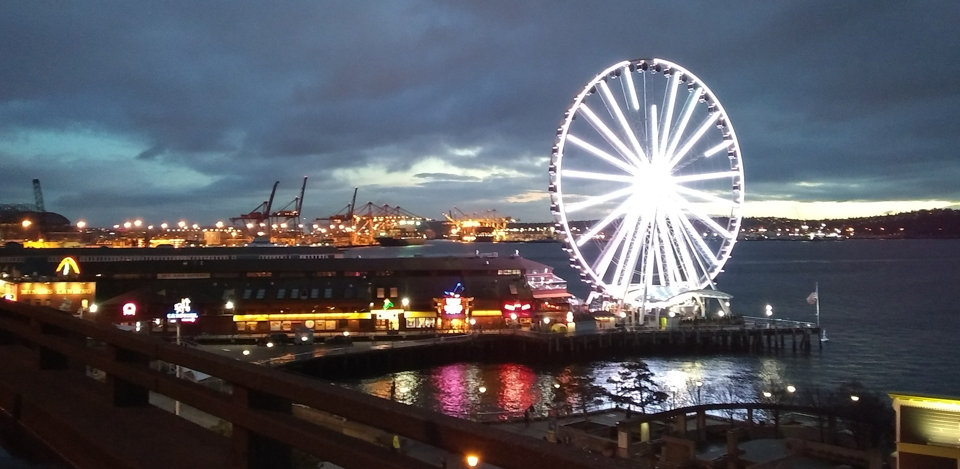 View of the Seattle docs and ferris wheel