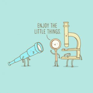 cartoon: Microscope and Magnifying glass tell a telescope to "enjoy the little things"