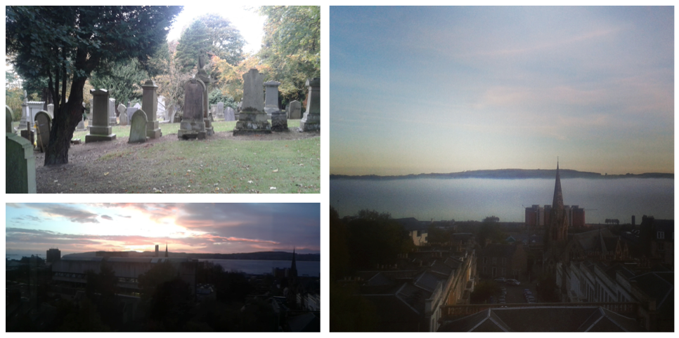 top left: Image of dundee cemetary, bottom left: sunrise over dundee. Right: Haar over the river Tay