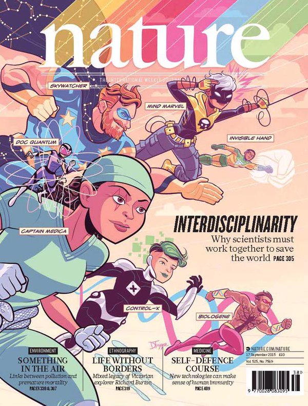 Nature magazine cover showing interdisciplinary scientists as a team of super heroes