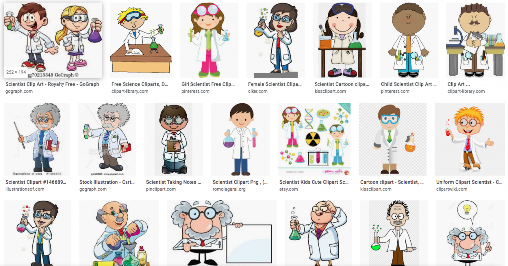 Screen shot with the first few image results for "scientists" clip art