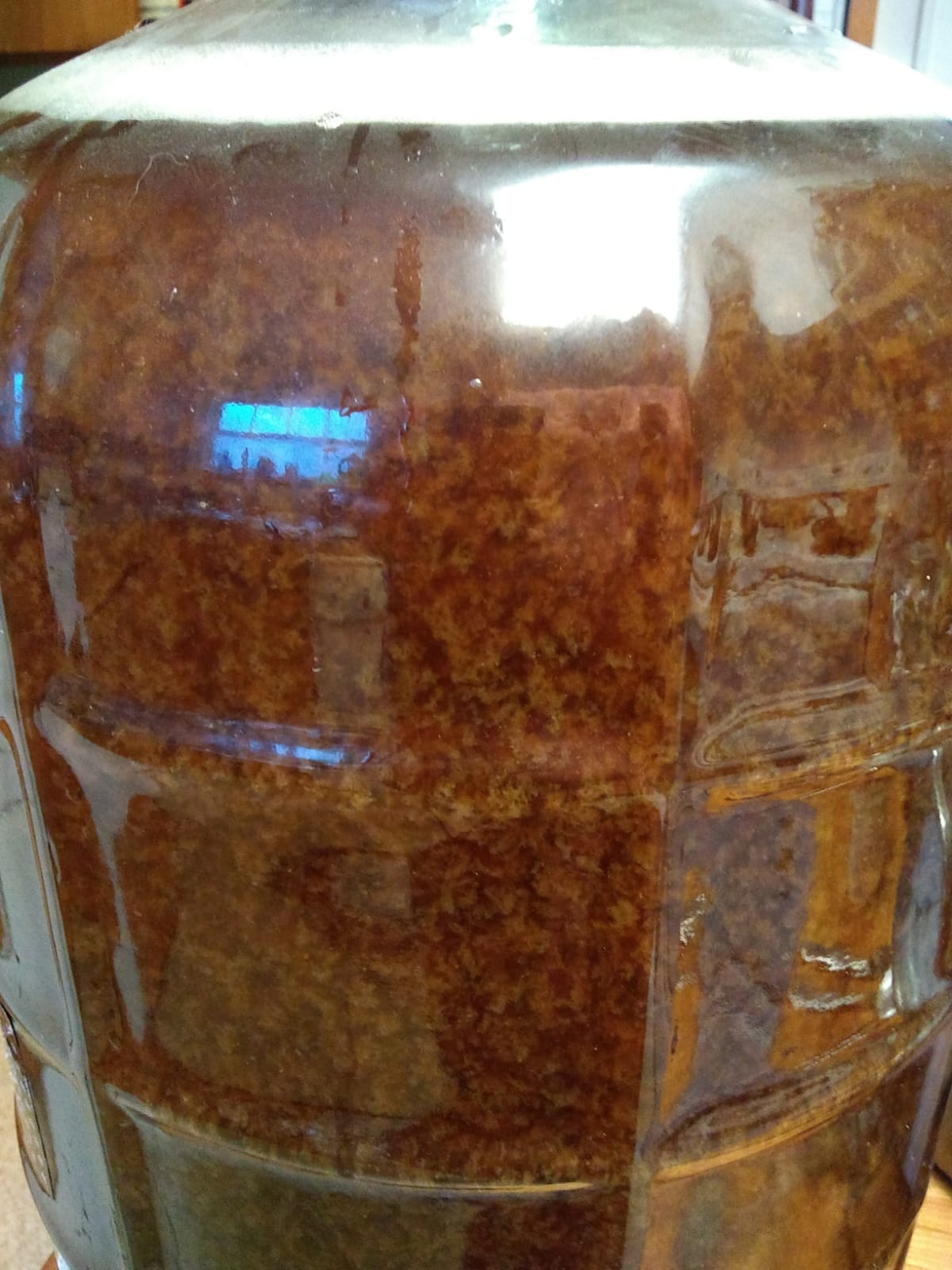 A view of the fermentation bottle with wort and flocks of yeast