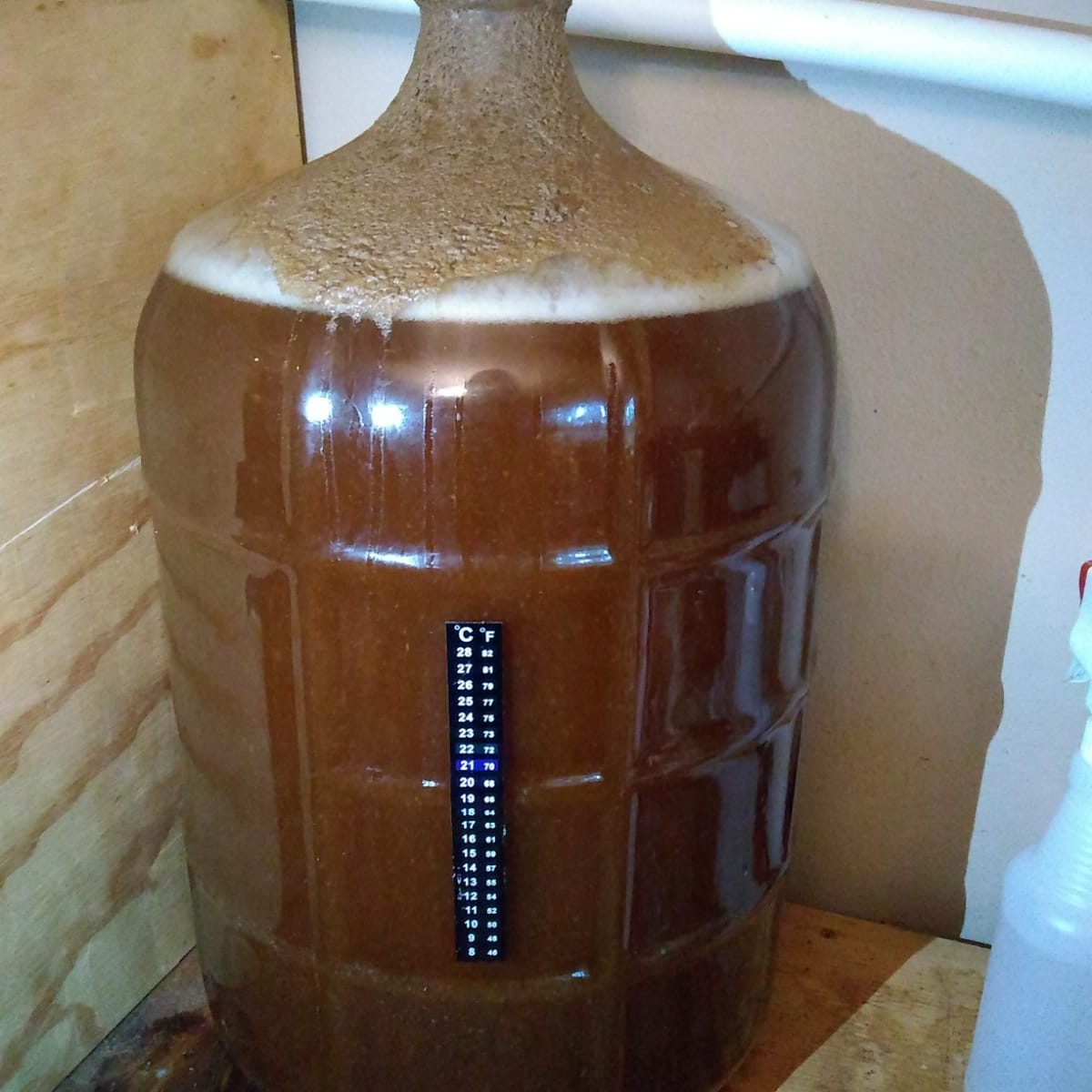 The fermentor with the stop off, the top is covered by dried foam and it doesn't look great.