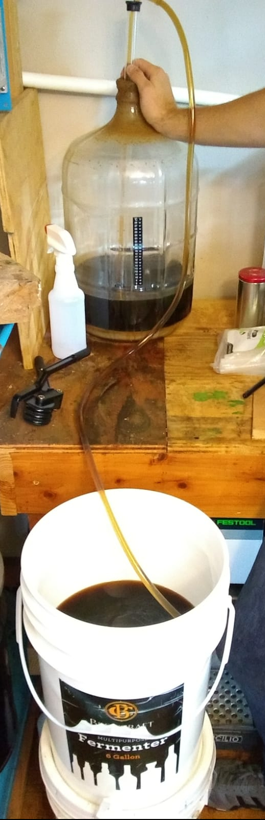 Beer being siphoned from the fermentation vessel into the bottling bucket.