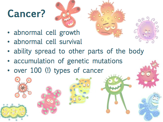 What is cancer? Abnormal cell growth, abnormal cell survival, the ability to spread to other parts of the body, an accumulation of genetic mutations.