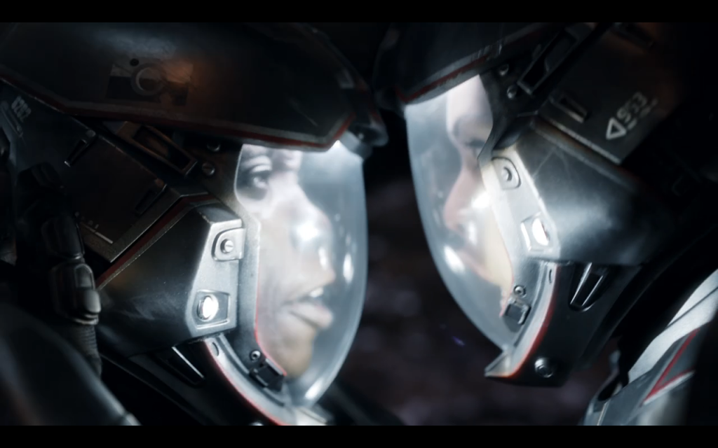 Two characters in space speaking by touching helmets