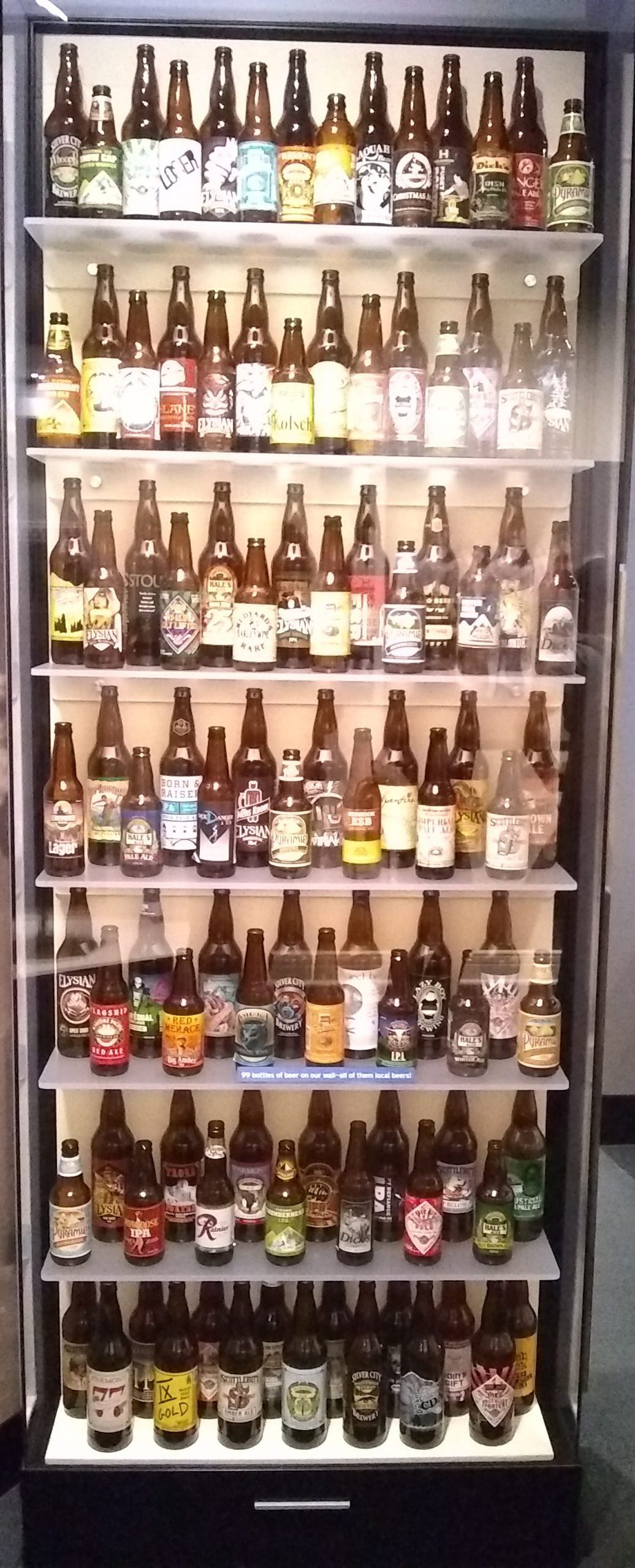 A vitrine with ~100 different types of beer bottles