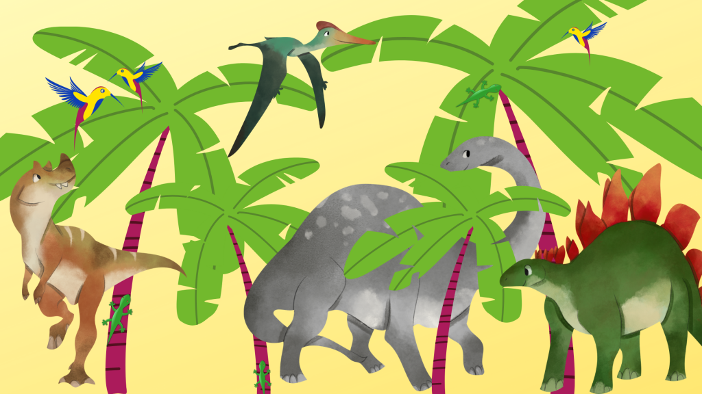 Cartoon image with palm trees, various dinosaurs, birds and lizards.