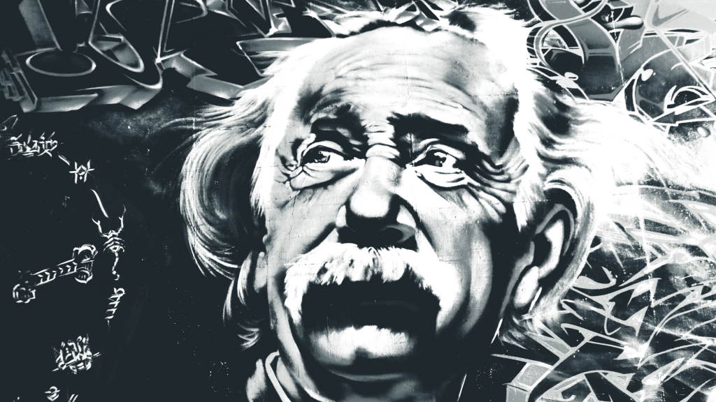 A black and white drawing of Einstein