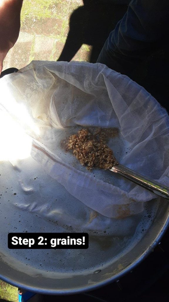 Picture of a mesh bag in the pot, with a spoon showing some grains. Text: Step 2: grains!