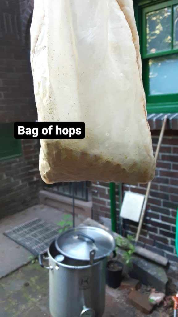 Picture of a small mesh bag with hops. The pot is in the background. Text: Bag of hops